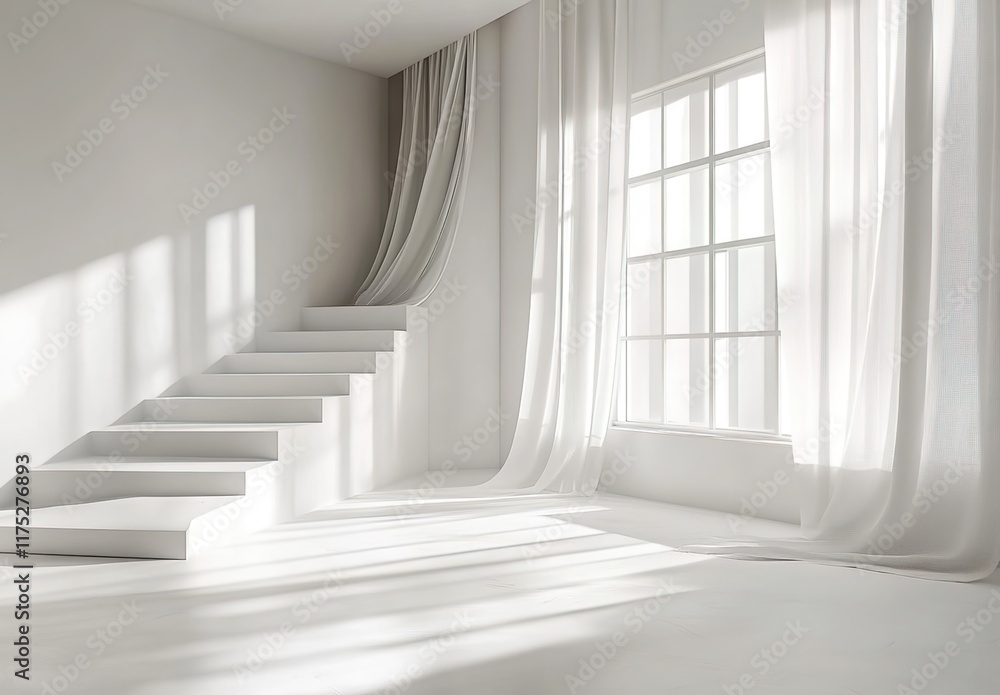 Fototapeta premium A bright, white room with a window and curtains, creating an empty space for text or product display.