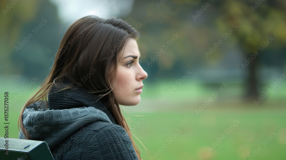 Contemplative Young Woman Sitting on a Bench in a Park, Gazing into the Distance with a Thoughtful Expression, Surrounded by Nature in Autumn Contemplative Young Woman Sitting on a Bench in a Park, Gazing into the Distance with a Thoughtful Expression, Surrounded by Nature in Autumn