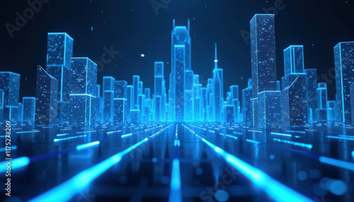 Digital glowing cityscape with futuristic blue lights
