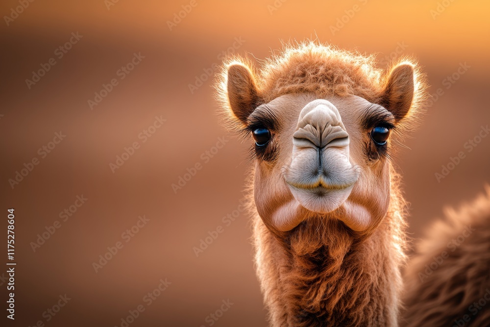 Fototapeta premium A hyper-realistic close-up of a camel face, showing fine details of its fur and long eyelashes, with a desert backdrop