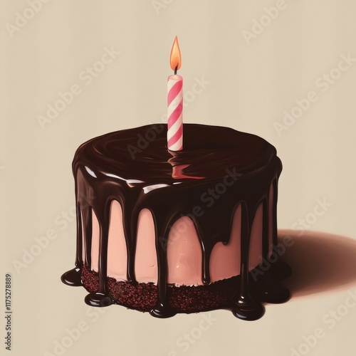 A singlelayered chocolateglazed cake with a lit pinkstriped candle on top. photo