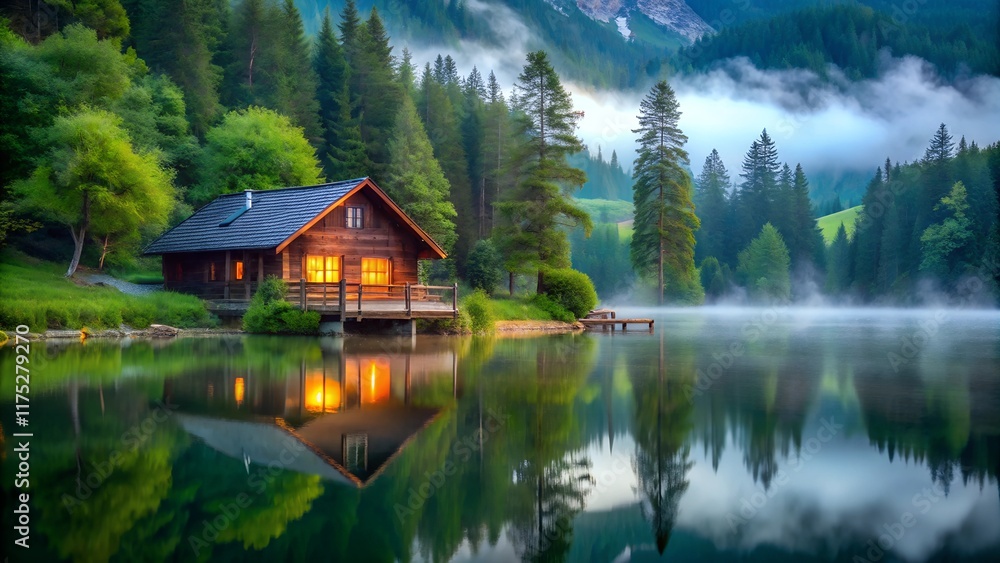 A serene lakeside scene featuring a cozy wooden cabin illuminated warmly, surrounded by lush green trees and misty mountains in the background, reflecting softly on the calm water. A serene lakeside scene featuring a cozy wooden cabin illuminated warmly, surrounded by lush green trees and misty mountains in the background, reflecting softly on the calm water.
