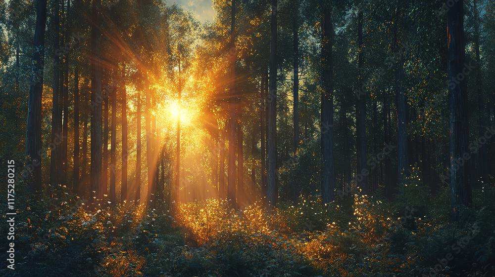 Panoramic forest view with sun rays shining through the trees Panoramic forest view with sun rays shining through the trees