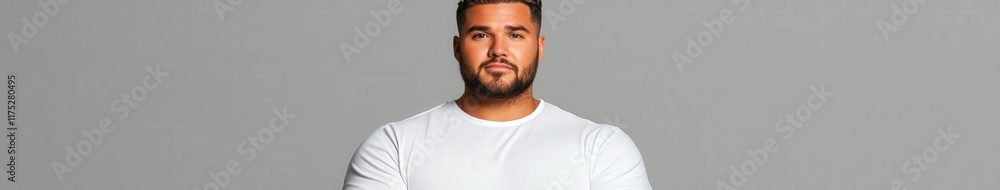Obraz premium Confident man poses in a plain white shirt against a neutral background