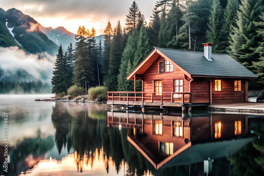 Fototapeta premium A serene lakeside scene featuring a cozy wooden cabin illuminated warmly, surrounded by lush green trees and misty mountains in the background, reflecting softly on the calm water.