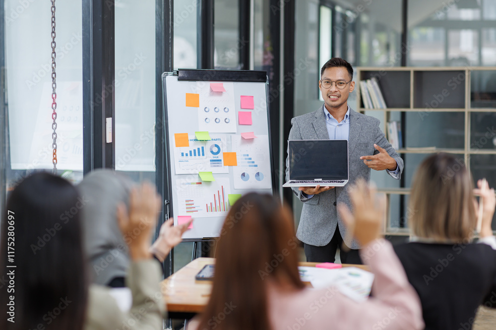 © David - Whiteboard, woman and brainstorm in boardroom, idea and strategy for planning in office. Management, project or vision for business and startup, communication or explain or feedback for female person