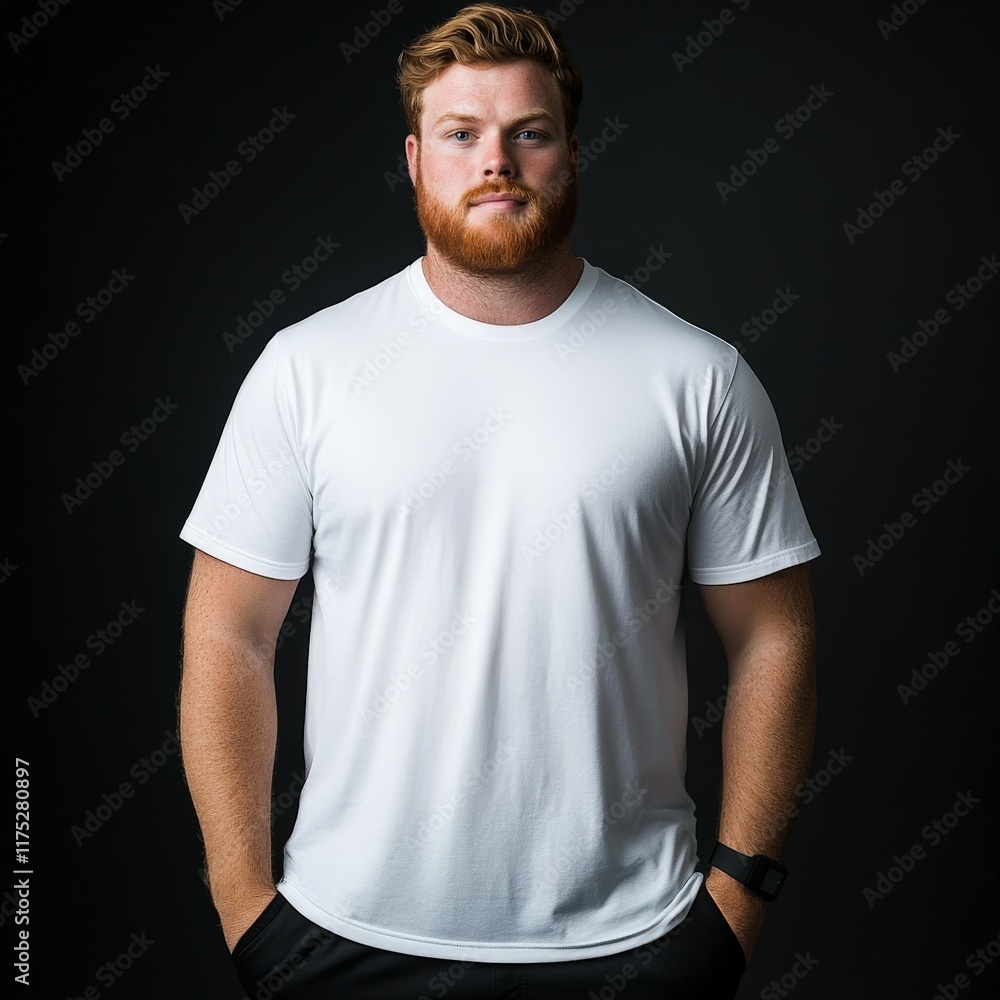 Fototapeta premium Confident man poses in plain white shirt against dark background