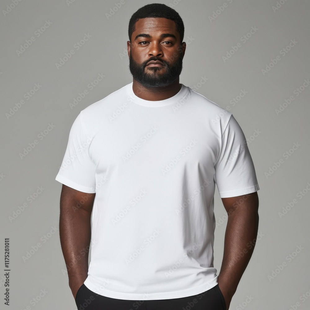 Man in a white t-shirt poses confidently with arms relaxed at his sides Man in a white t-shirt poses confidently with arms relaxed at his sides