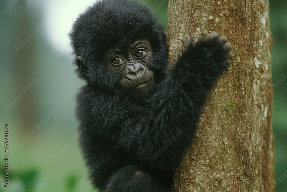 In the wild habitat, a rare and endangered wild mountain gorilla is shown in close up. An iconic example of African wildlife. This large and impressive creature, scientifically named Gorilla beringei