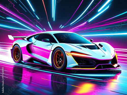 Futuristic Racing Car Sticker with Neon Speed Trails and Synthwave Style