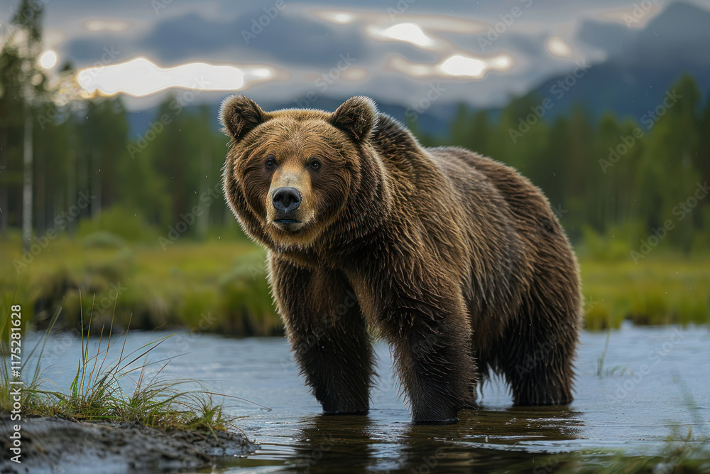 brown bear against the background of a lake,. brown bear against the background of a lake,.