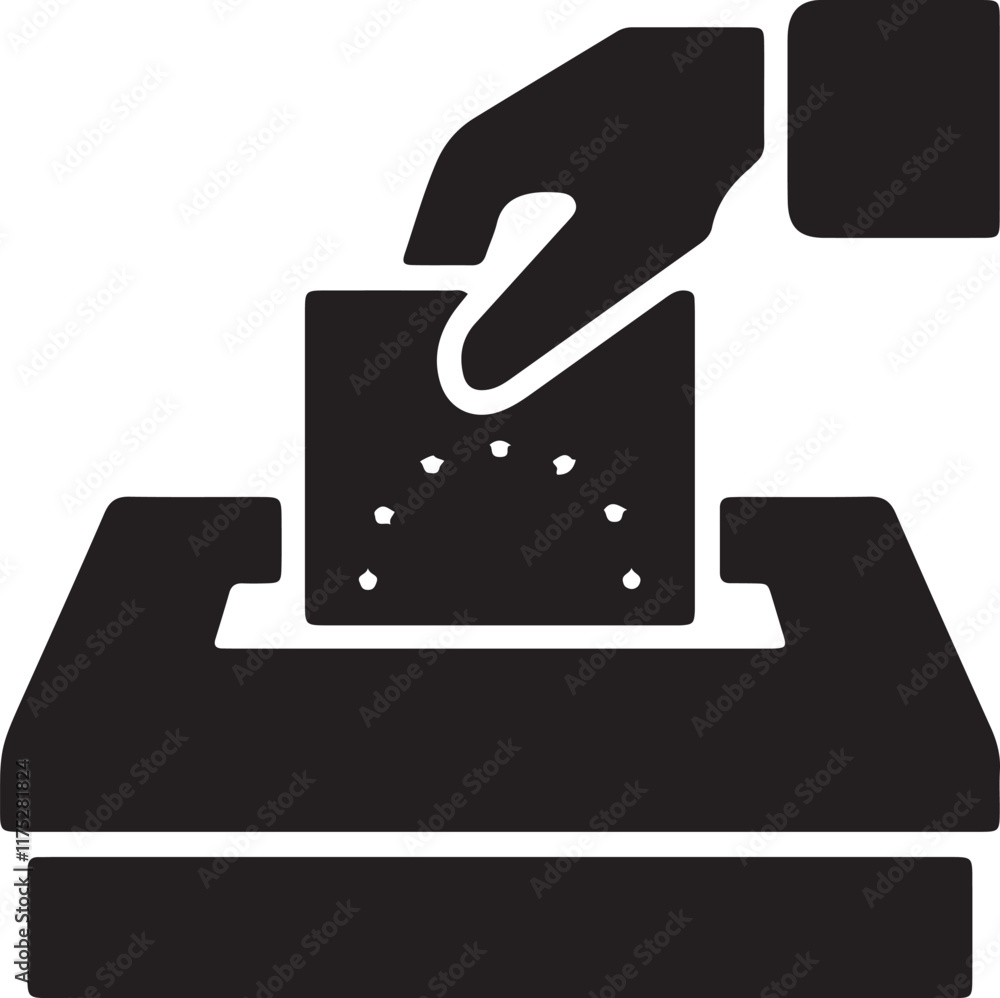 An illustration of a hand placing a ballot into a ballot box, in silhouette An illustration of a hand placing a ballot into a ballot box, in silhouette