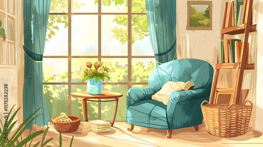Fototapeta premium Cozy and Inviting Home Library with Sunlit Window and Floral Decor