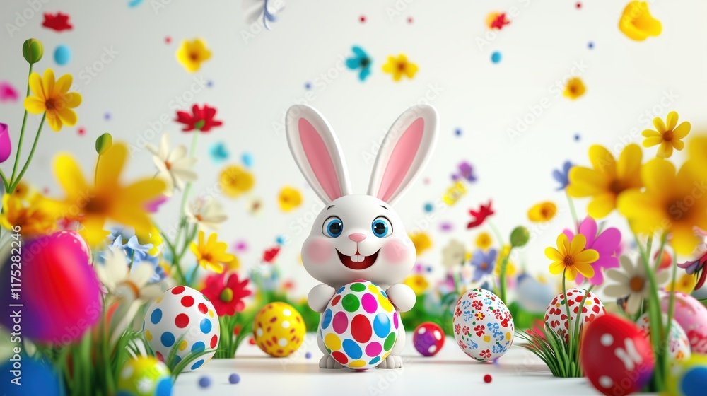 Cheerful Cartoon Bunny Surrounded by Colorful Easter Eggs and Flowers Cheerful Cartoon Bunny Surrounded by Colorful Easter Eggs and Flowers