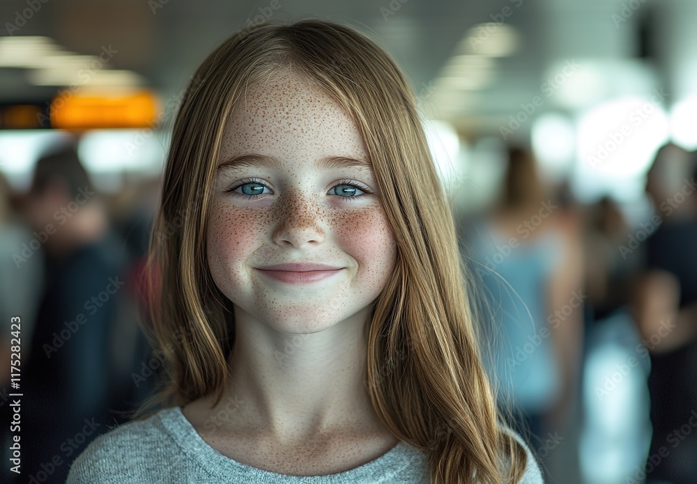 Obraz premium A young girl with light brown hair, blue eyes, and freckles smiles at the camera as she stands in an airport terminal, surrounded by other passengers waiting for their flight