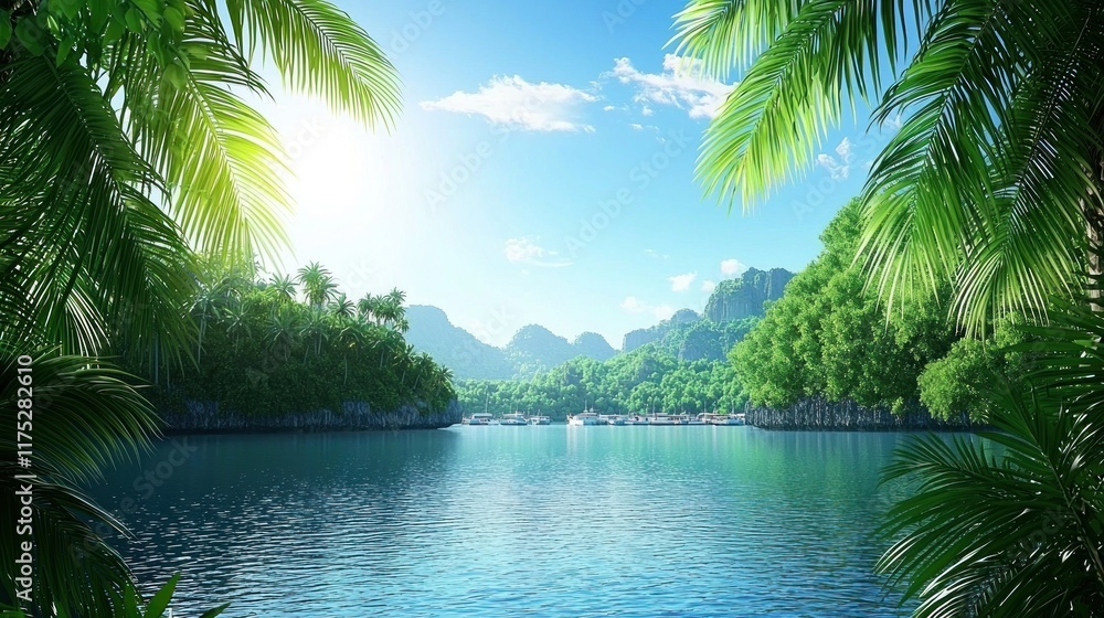 Serene tropical landscape with lush greenery and calm waters. Serene tropical landscape with lush greenery and calm waters.