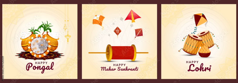 set of three social media design vector illustration on Indian festival celebration Happy Lohri, pongal and makar sankranti. set of three social media design vector illustration on Indian festival celebration Happy Lohri, pongal and makar sankranti.