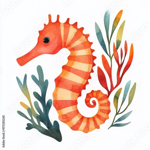 Undersea animal diversity deep-sea marine ocean ecosystem. A vibrant, illustrated seahorse surrounded by colorful aquatic plants, showcasing a whimsical underwater scene. photo