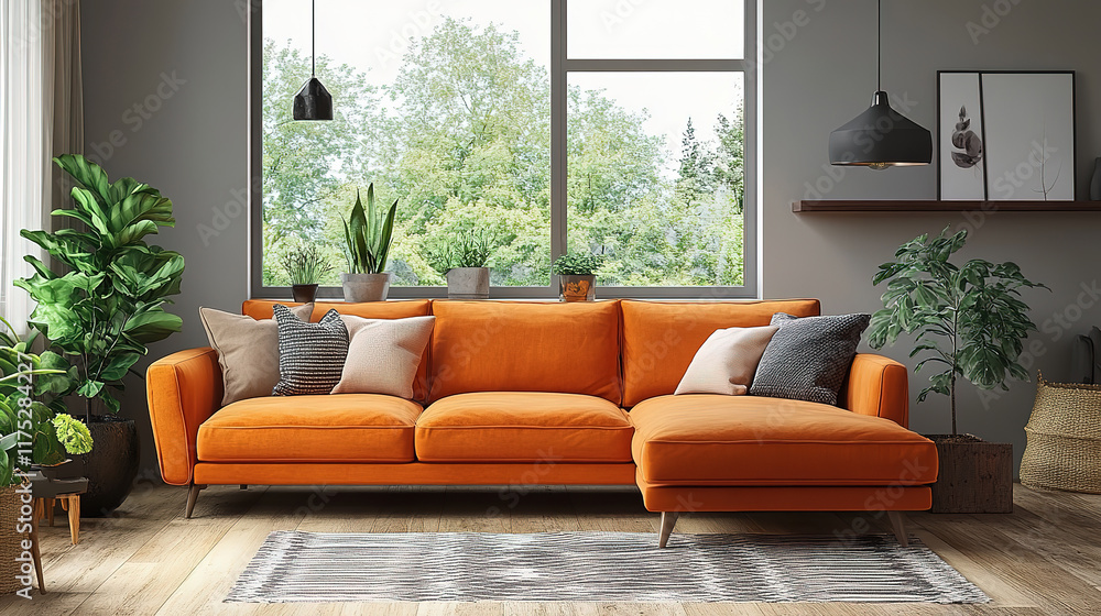 Cozy Terra Cotta Corner Sofa in Scandinavian Modern Living Room Cozy Terra Cotta Corner Sofa in Scandinavian Modern Living Room
