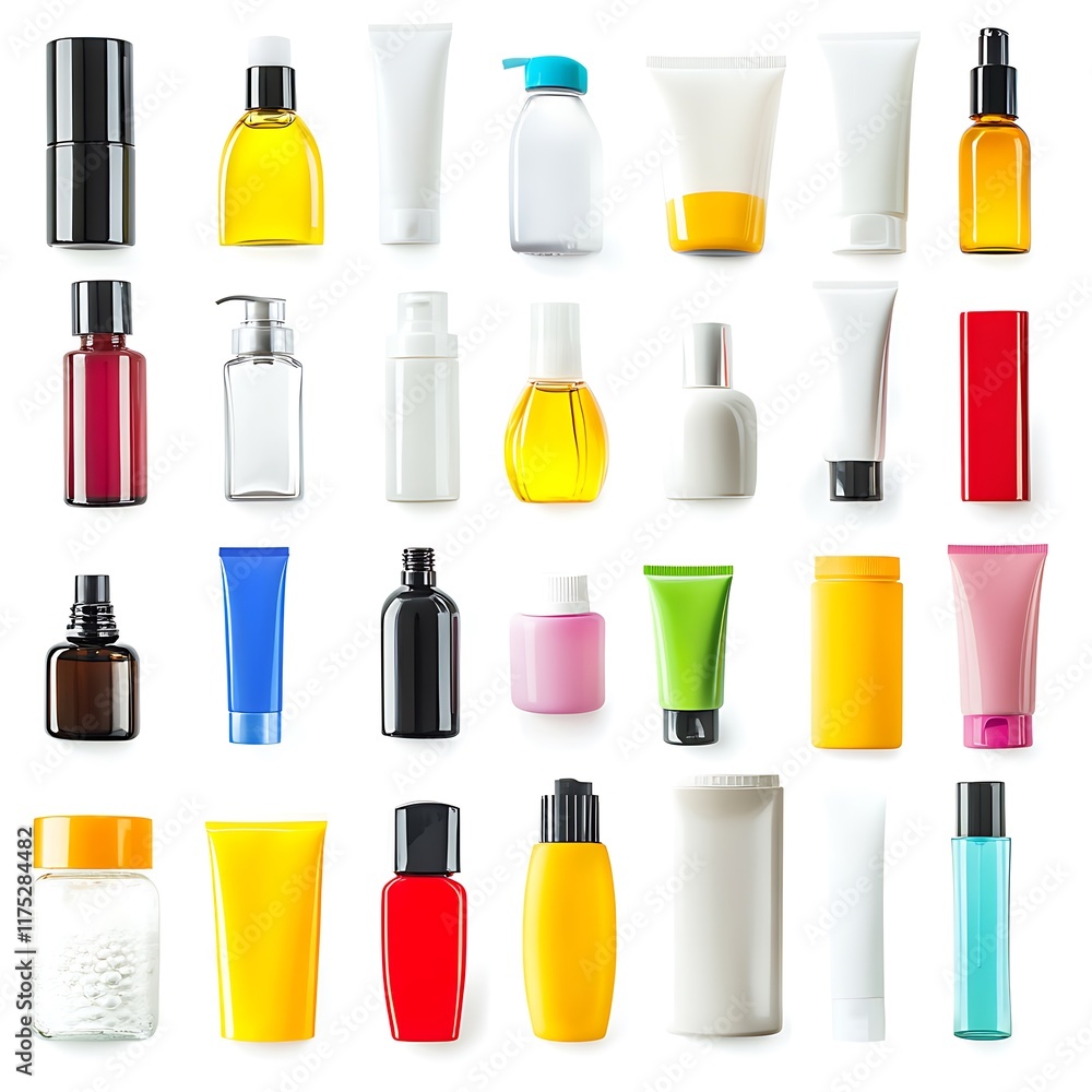 A collection of various colored bottles of lotions and creams A collection of various colored bottles of lotions and creams