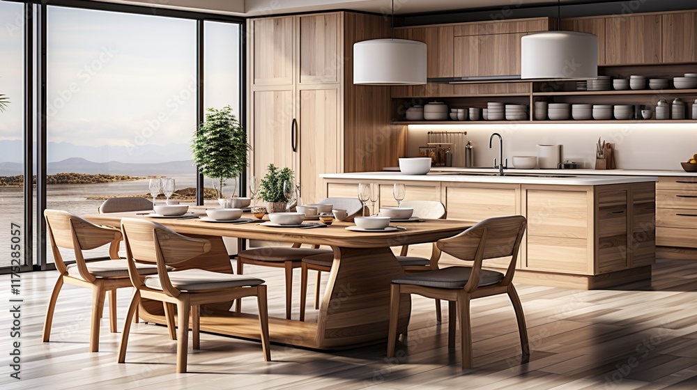 Living room of dining room interior with mock up poster frame, stylish table, rattan chair, Living room of dining room interior with mock up poster frame, stylish table, rattan chair,