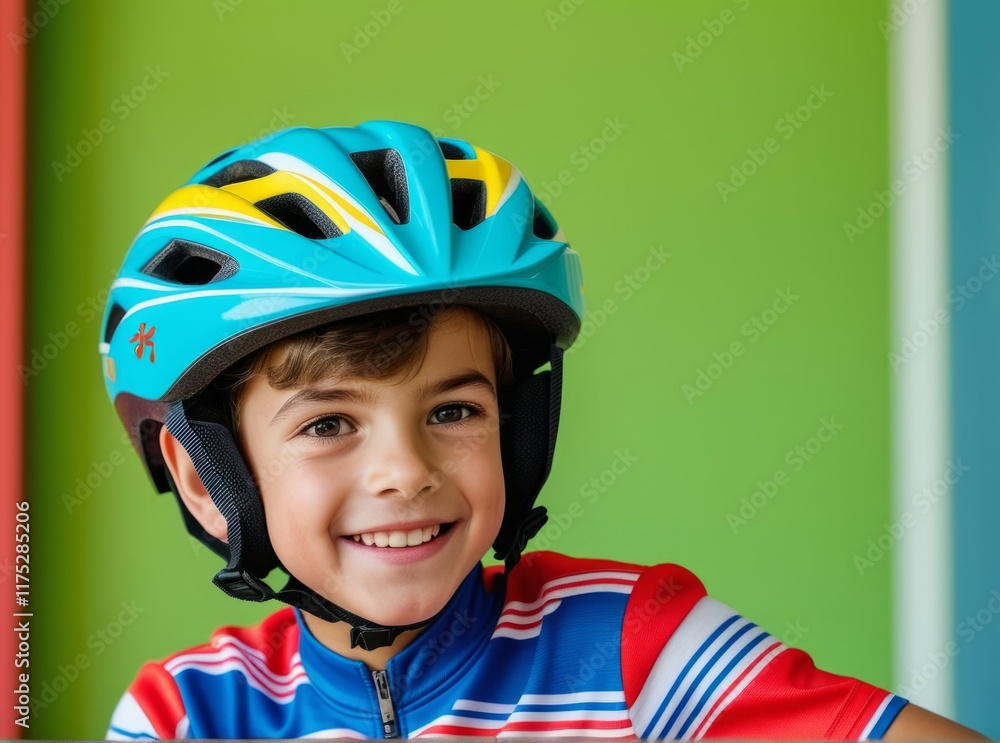 Joyful child wearing a colorful helmet poses in a vibrant indoor space during a fun recreational activity Joyful child wearing a colorful helmet poses in a vibrant indoor space during a fun recreational activity