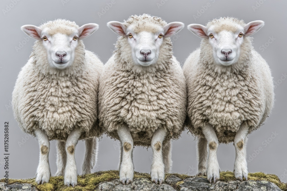 Fototapeta premium In the backdrop of majestic nature, fog, and Icelandic moss, sheep graze