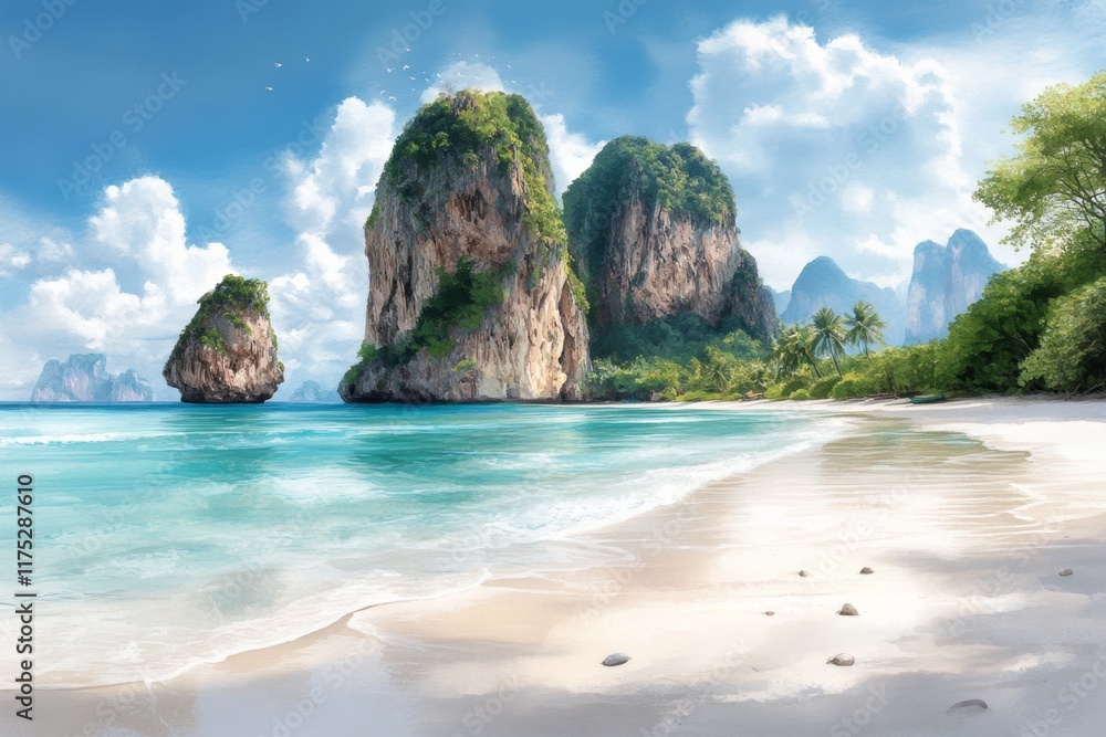 Obraz premium A vibrant watercolor of Railay Beach, with detailed brushstrokes capturing the lush greenery and vibrant sea