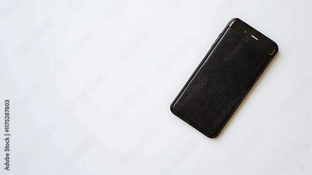 A black phone with a leather case sits on a white background A black phone with a leather case sits on a white background
