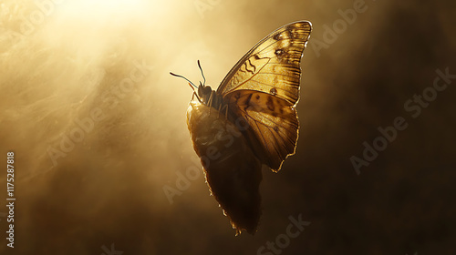  A butterfly emerging from a chrysalis, illuminated by soft golden light, delicate and powerful