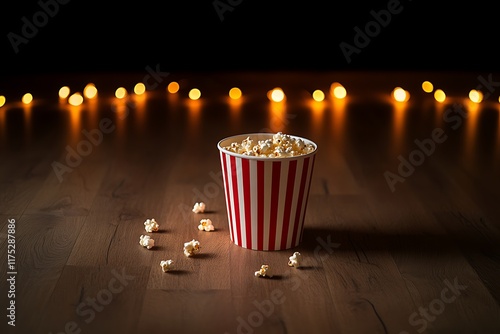 Popcorn in Classic Red-White Bucket with Warm Glow Lights on Wooden Surface – Ideal for Cozy Movie Nights, Cinema Promotions, Romantic Evenings, Home Entertainment, and Inviting Snack Themes.