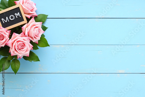 serene elegant setup rustic blue wooden surface flowers sign photo