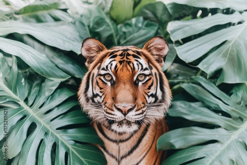 The Indochinese tiger, Panthera tigris corbetti, surrounded by natural vegetation photo