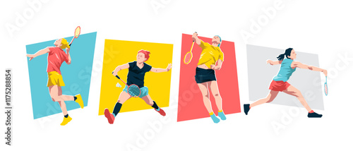 Set of female badminton players. Badminton athlete character. Isolated on white background. Flat graphic vector illustration.