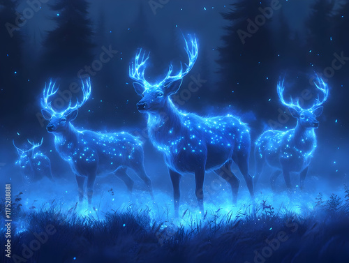 Glowing deer herd in a mystical forest at night. photo