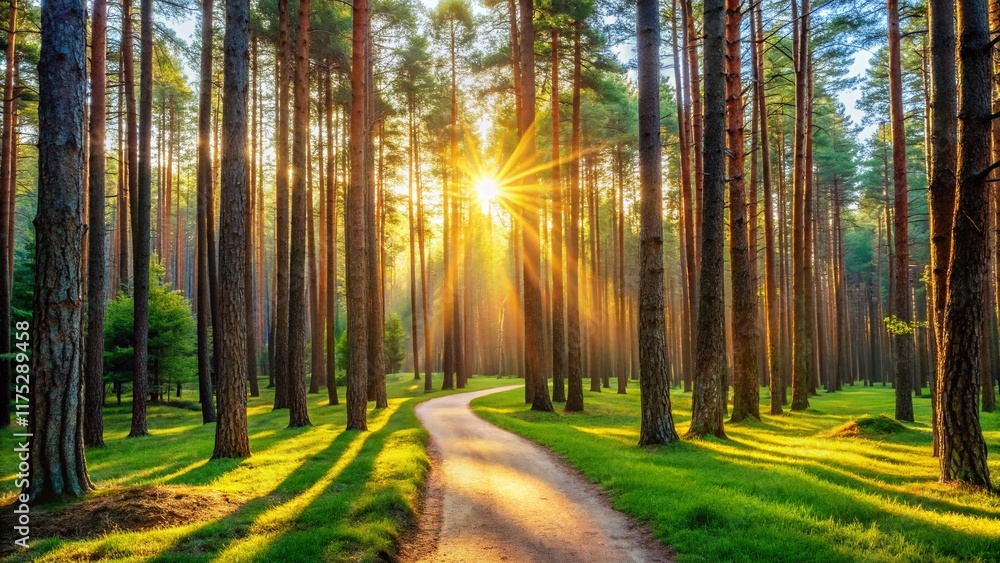 Fototapeta premium Summer Pine Forest Panorama: Sunlit Pathway Through Lush Green Trees