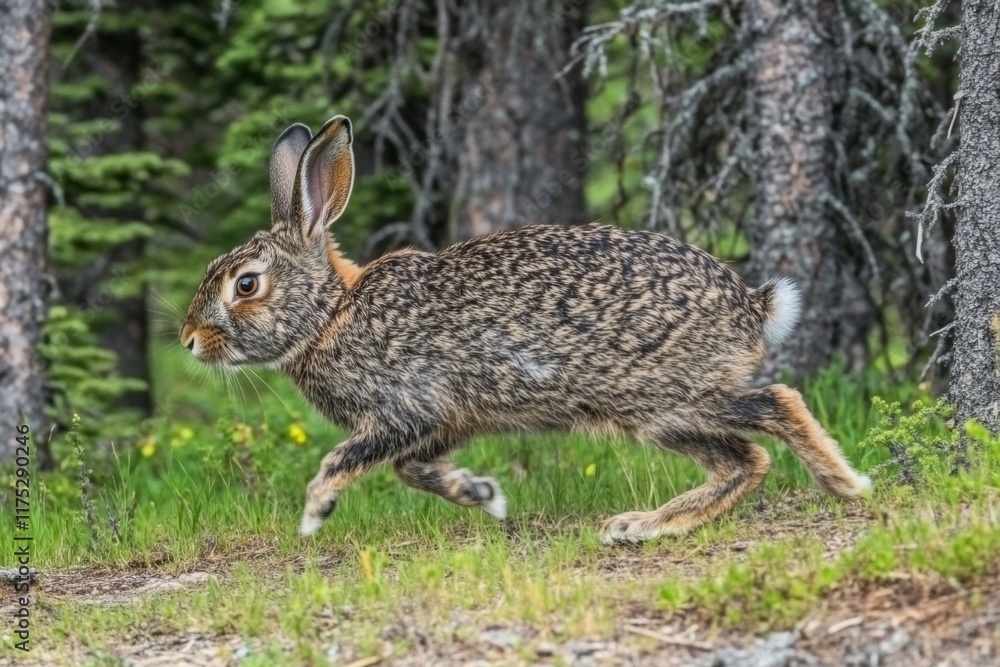 Fototapeta premium In the Netherlands, at Rottumerplaat, a wild rabbit is feeding on new tree shoots
