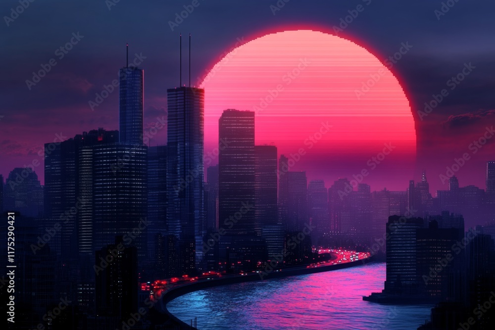 Obraz premium A pixel art highway scene with blocky cars and vibrant sunset hues, evoking a retro game aesthetic