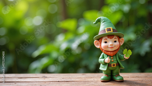 Leprechaun figurine holding clover against a blurred green background