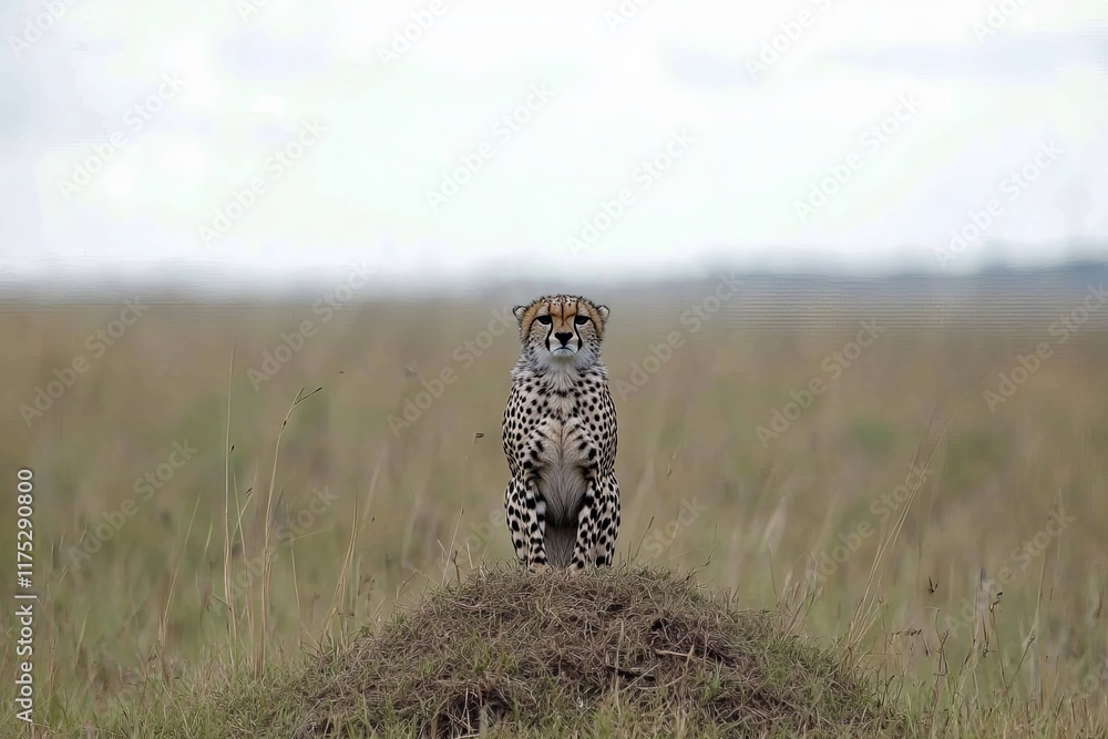 In the Masai Mara, a termite mound serves as a vantage point for a female cheetah In the Masai Mara, a termite mound serves as a vantage point for a female cheetah