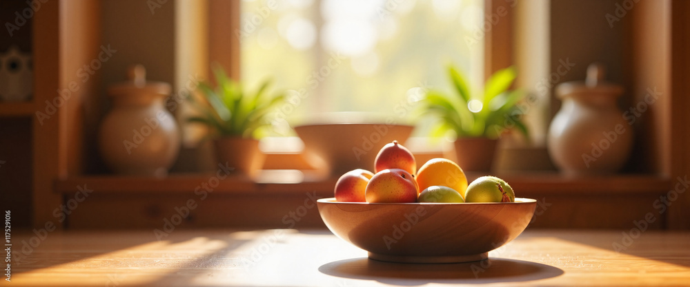 Buddhist offering bowl with fresh fruits, serene temple atmosphere Buddhist offering bowl with fresh fruits, serene temple atmosphere