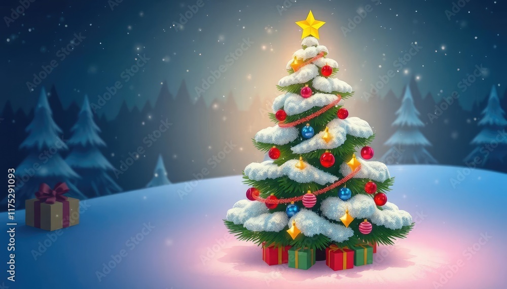 Christmas tree on snowy landscape; festive scene; holiday background; digital illustration; for cards, prints, websites Christmas tree on snowy landscape; festive scene; holiday background; digital illustration; for cards, prints, websites
