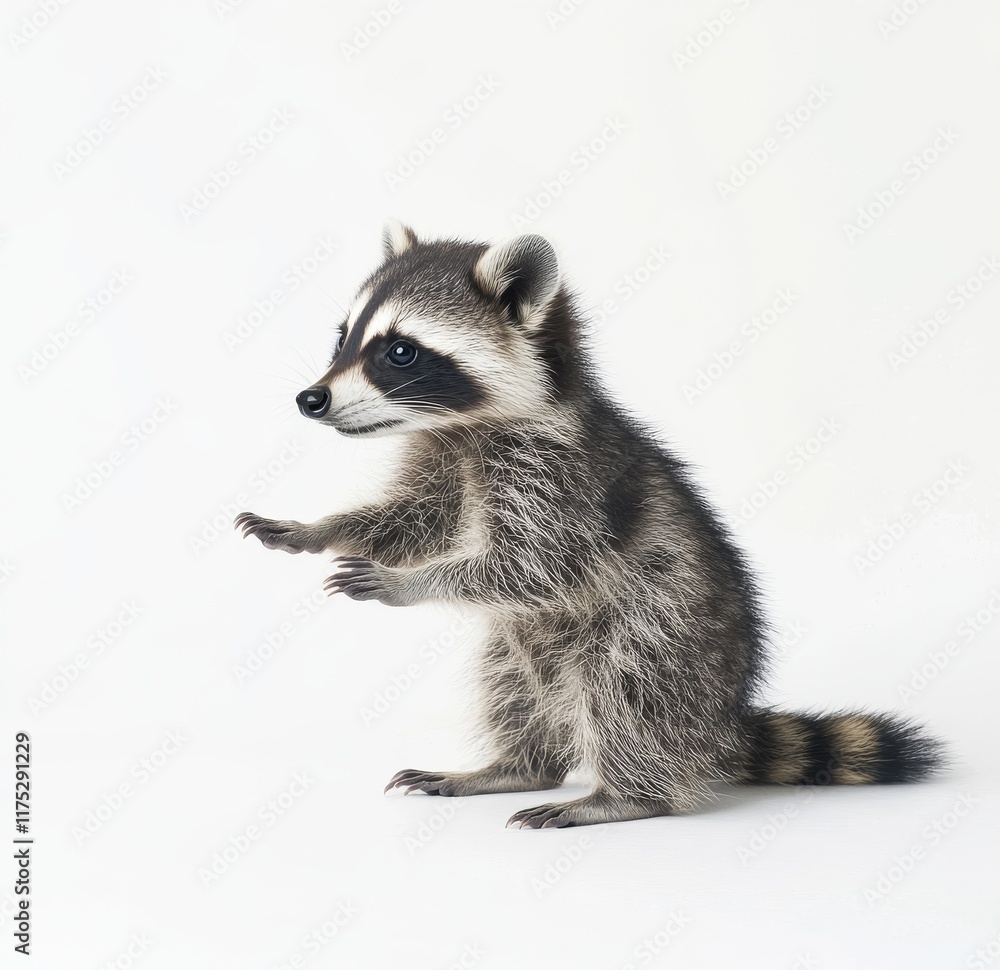 Fototapeta premium Curious raccoon attempts to reach something by standing on its hind legs