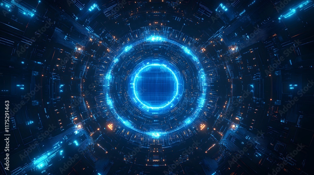 Digital circuit board focuses on blue glowing microchip with radiating electronic pathways and circuit lines, featuring technological elements in dark blue background with symmetrical PCB design Digital circuit board focuses on blue glowing microchip with radiating electronic pathways and circuit lines, featuring technological elements in dark blue background with symmetrical PCB design