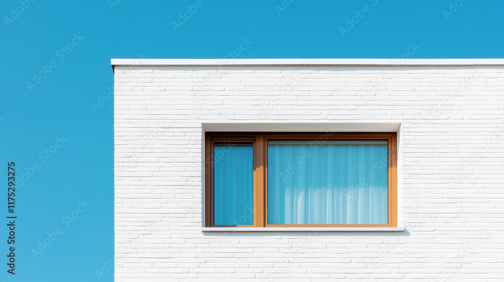 A minimalist modern building featuring white brick walls, a wooden-framed window with blue curtains, and a vibrant blue sky backdrop A minimalist modern building featuring white brick walls, a wooden-framed window with blue curtains, and a vibrant blue sky backdrop