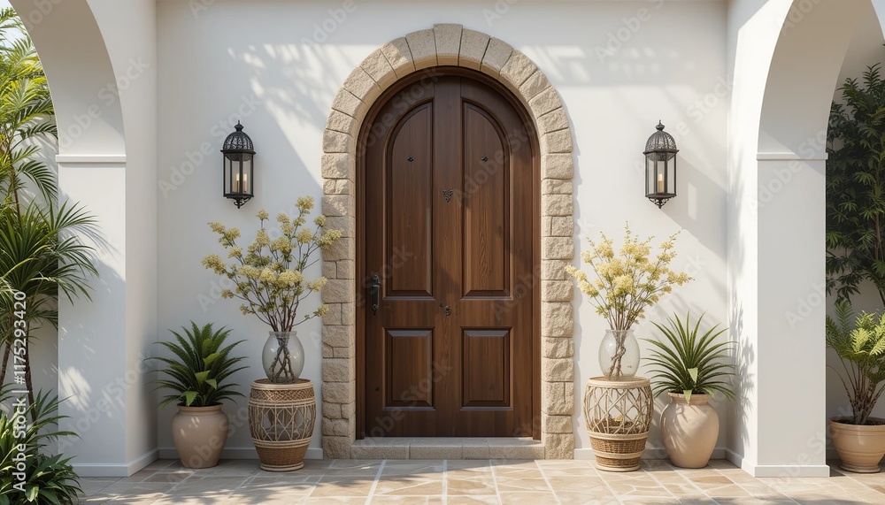 Fototapeta premium Mediterranean Elegance: Arched Wooden Doorway Entrance 
