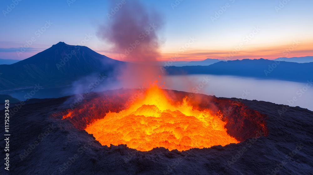Fototapeta premium Active volcano with glowing lava crater and smoke, set against a serene lake and mountain landscape at sunrise