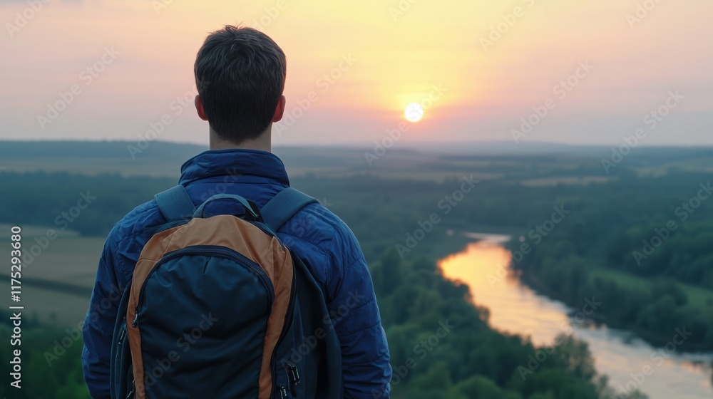Fototapeta premium Man with backpack watching sunset from mountain top nature landscape
