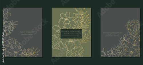 Tropical Flowers Outline. Line Art Tropical Plants. Botanical Background with trendy minimalist tropical plants and flowers. Luxury Floral Line Art Illustration.