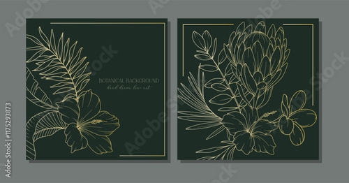 Tropical Flowers Outline. Line Art Tropical Plants. Botanical Background with trendy minimalist tropical plants and flowers. Luxury Floral Line Art Illustration.